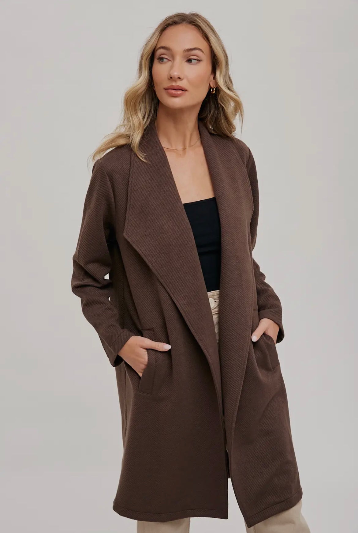 Espresso Draped Open Front Coat Jacket