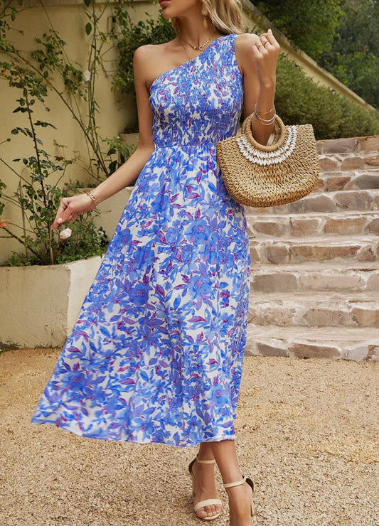 Blue Floral One Shoulder Midi Dress