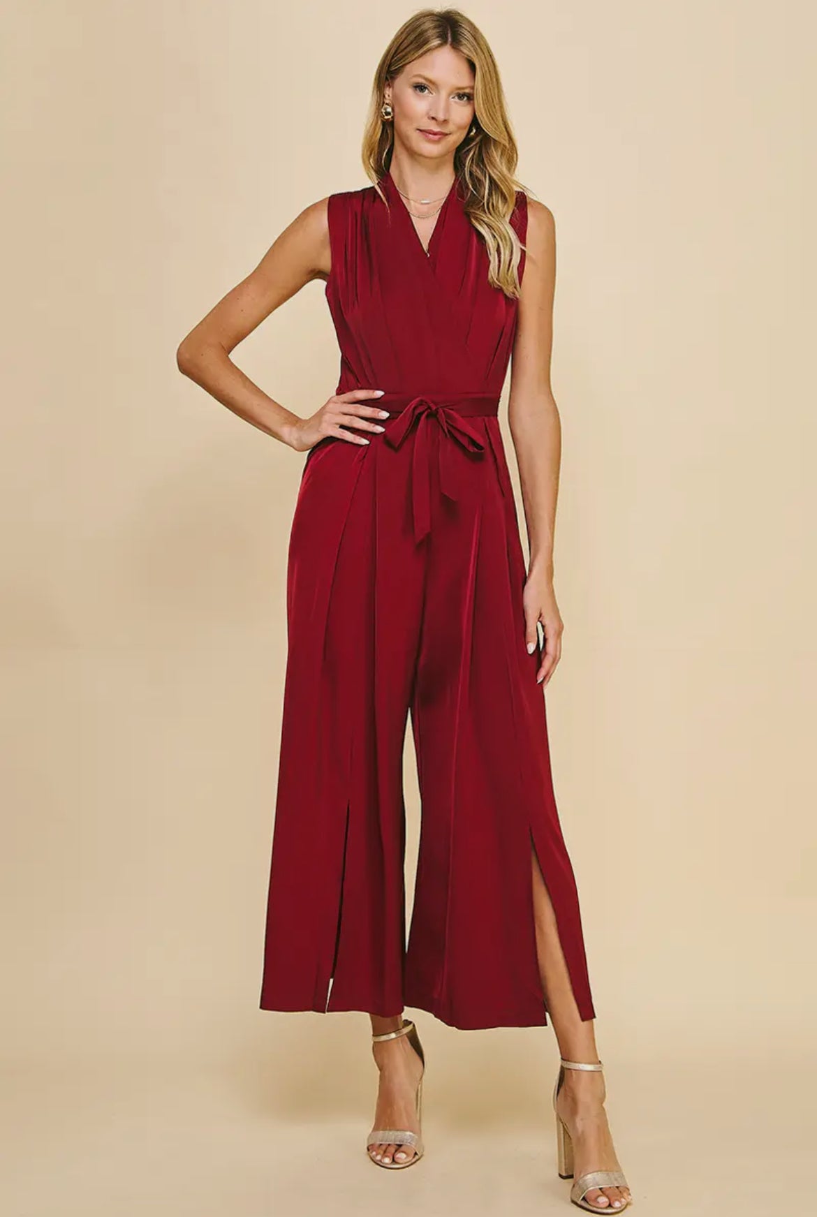 Wine Sleeveless Wide Leg Jumpsuit