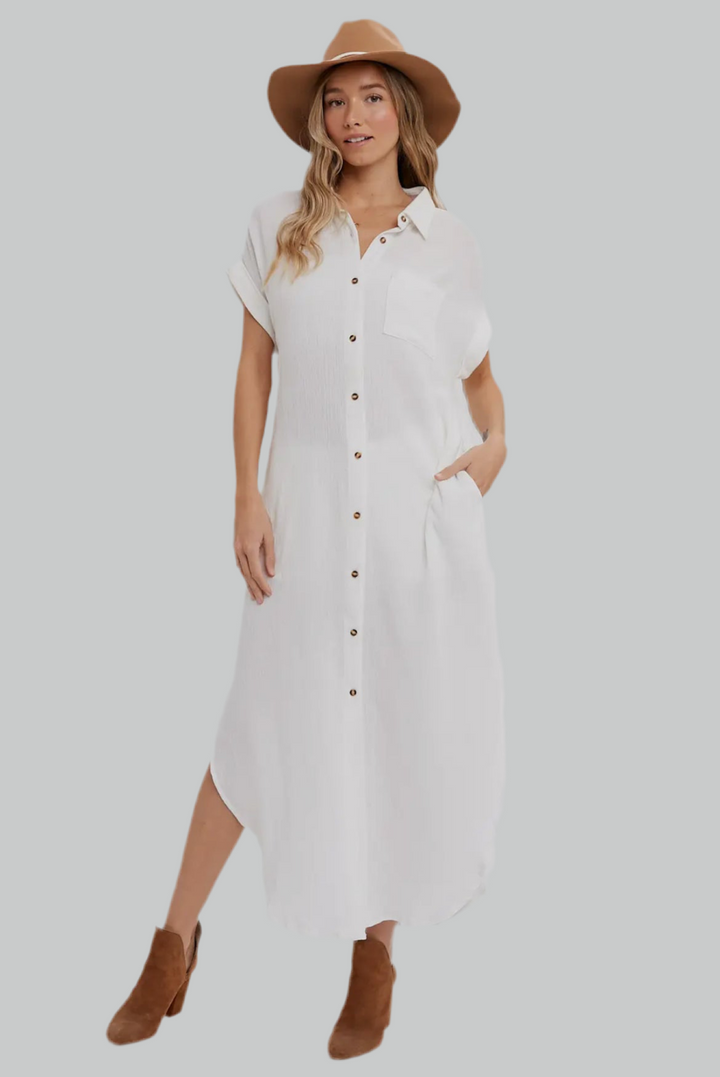 White Button Up Maxi Shirt Dress