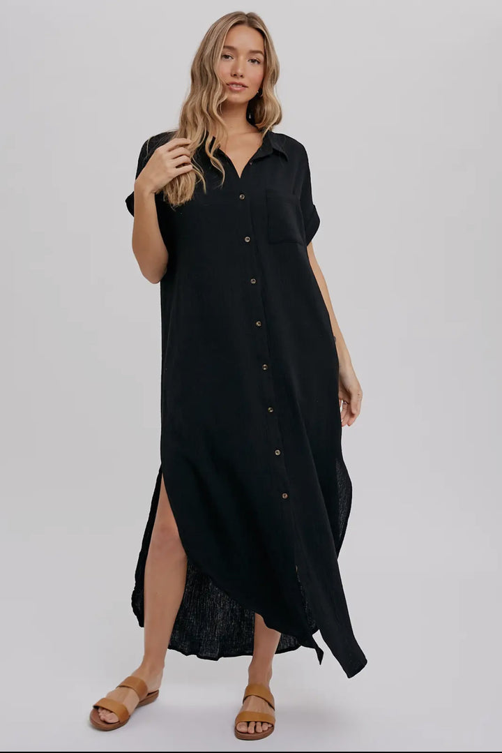 Black Button Up Maxi Shirt Dress