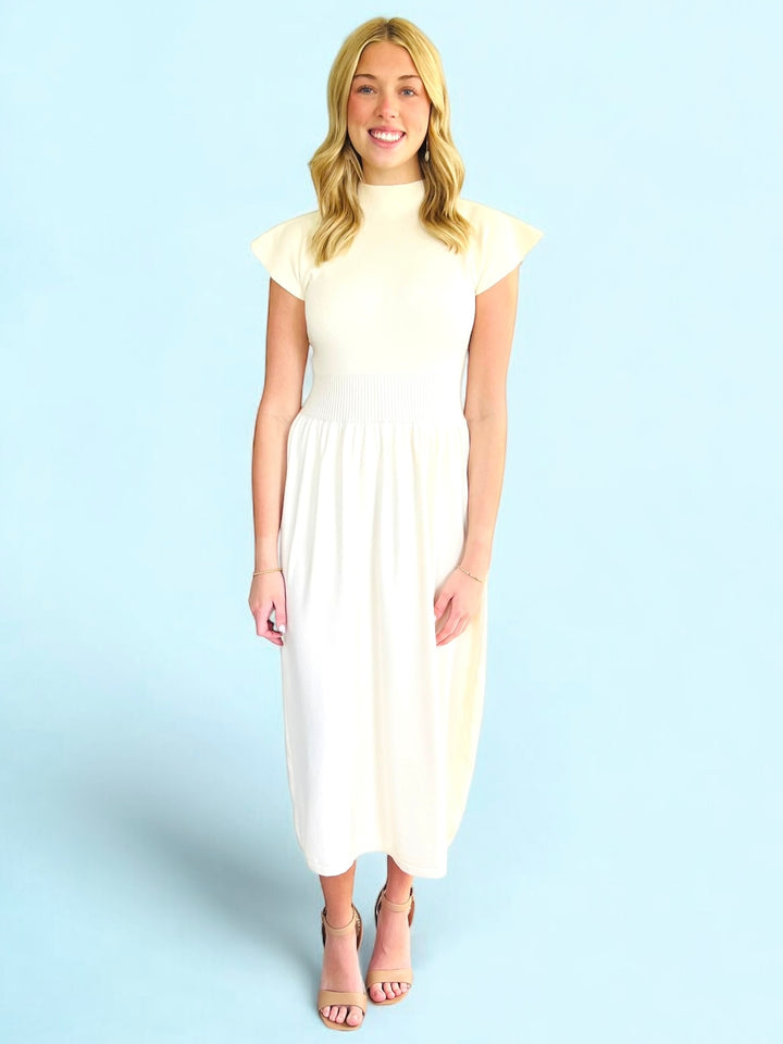 Cream High Neck Knit Midi Length Dress