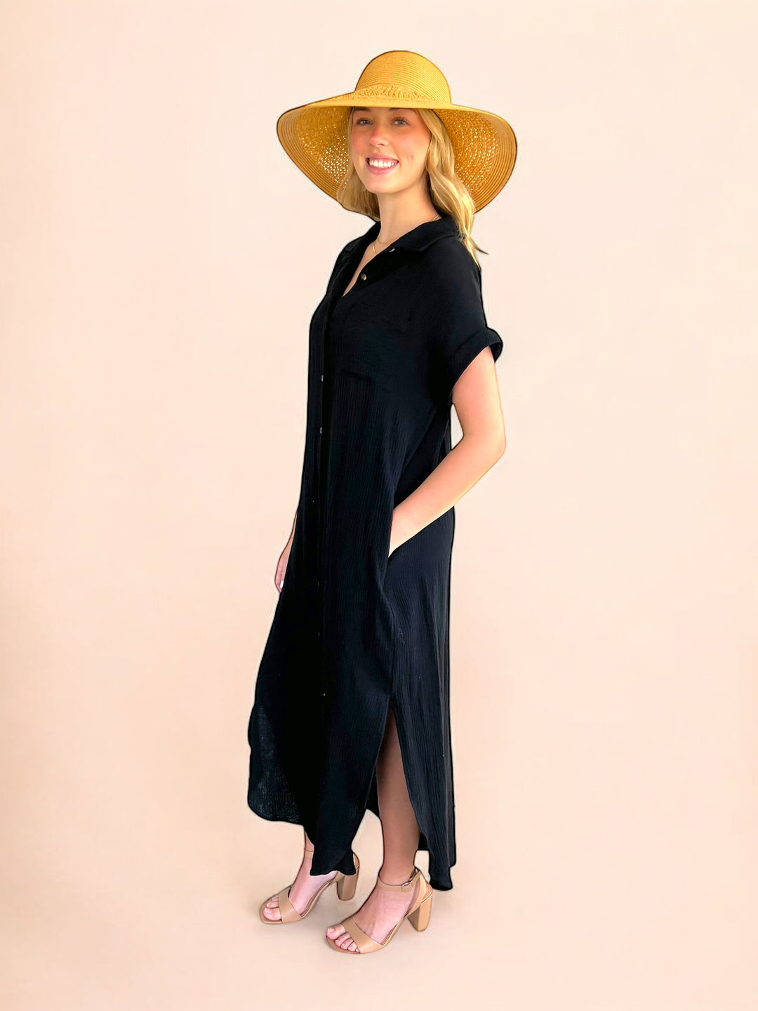 Black Button Up Maxi Shirt Dress