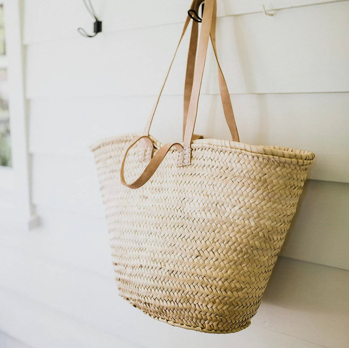 Handmade French Farmers Market/Beach Straw Bag with Double Flat Light Natural Leather Handles