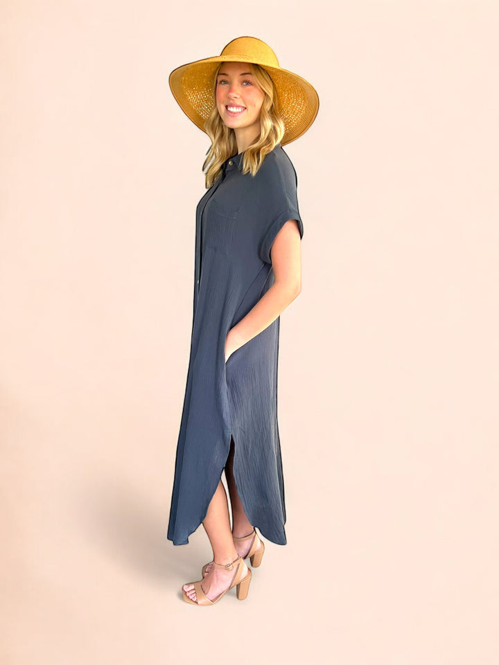 Gray Button Up Maxi Shirt Dress