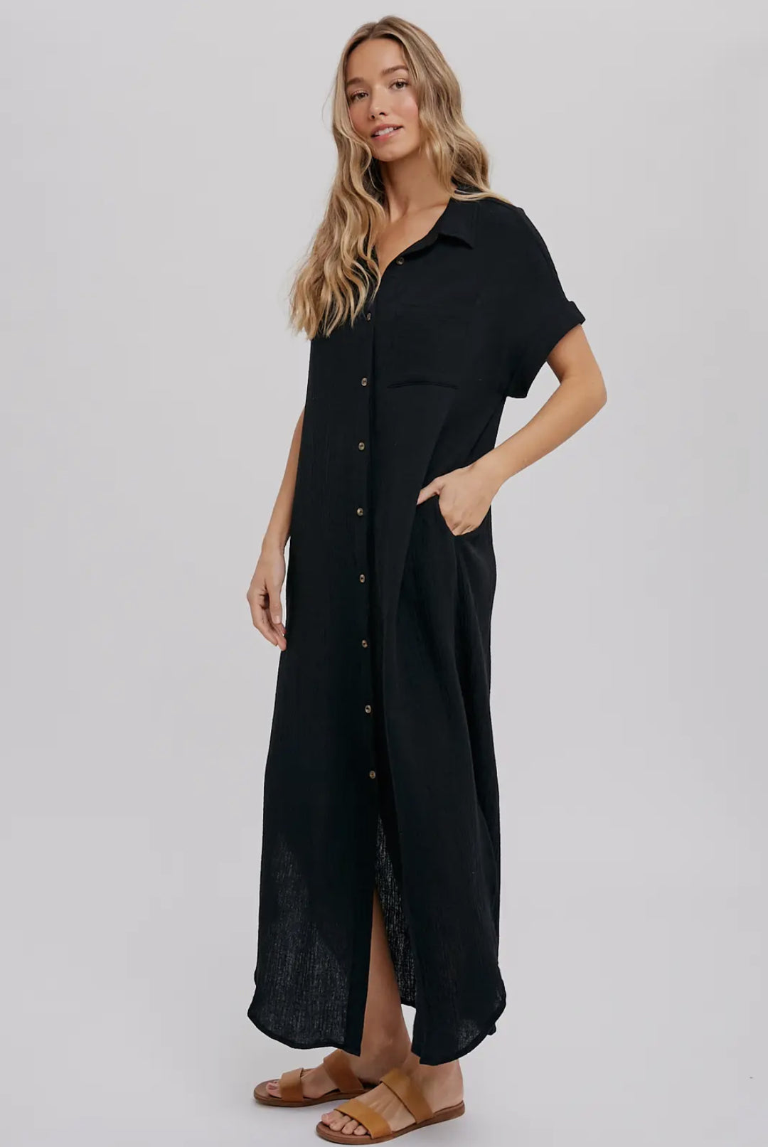 Black Button Up Maxi Shirt Dress