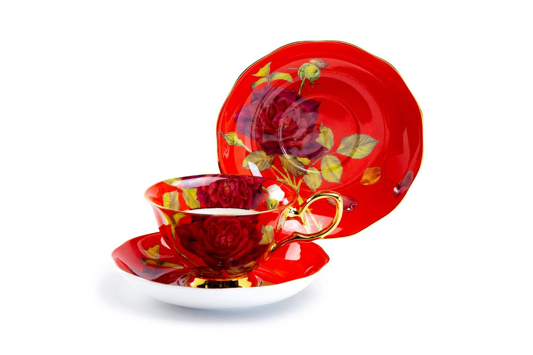 Gold & Red Stem Rose Bone China Tea Cup and Saucer