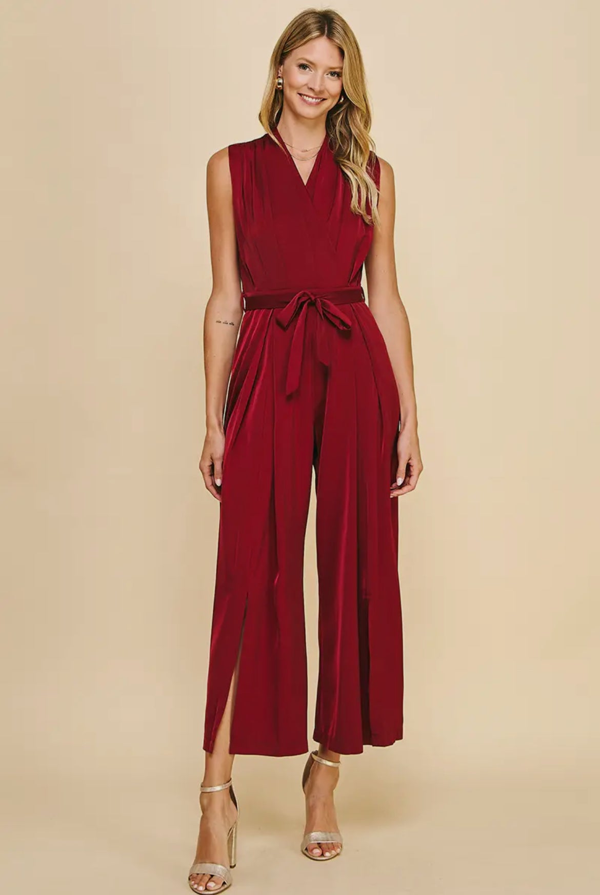 Wine Sleeveless Wide Leg Jumpsuit