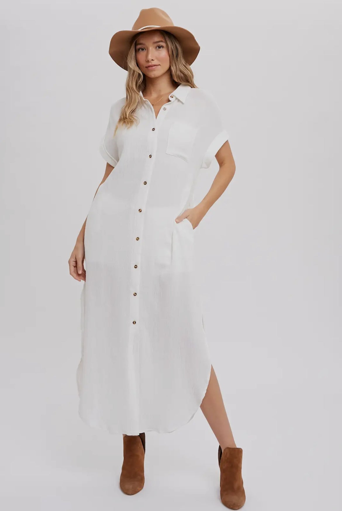 White Button Up Maxi Shirt Dress
