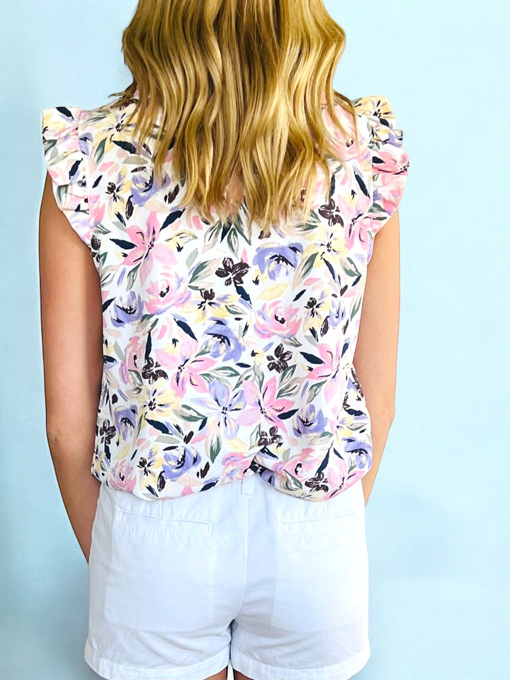 Pastel Floral Ruffle Neck & Sleeve Top