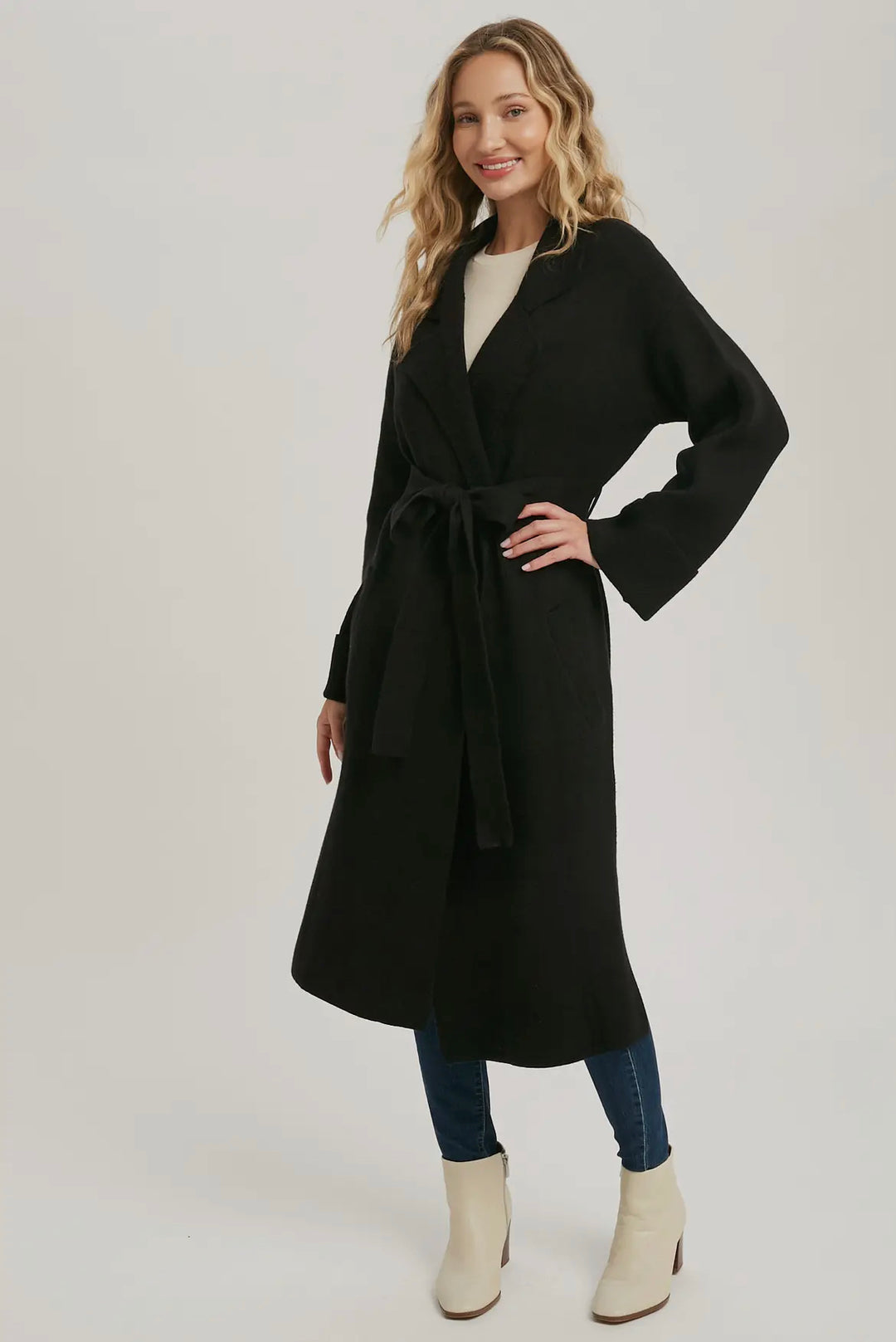 Lapel Collar Black Knitted Trench Coat