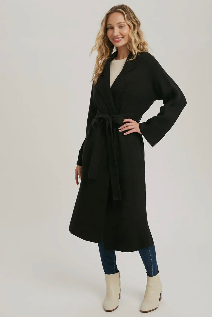Lapel Collar Black Knitted Trench Coat