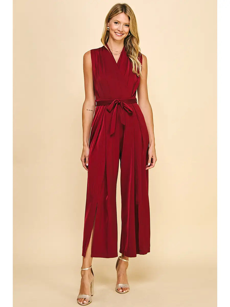 Wine Sleeveless Wide Leg Jumpsuit