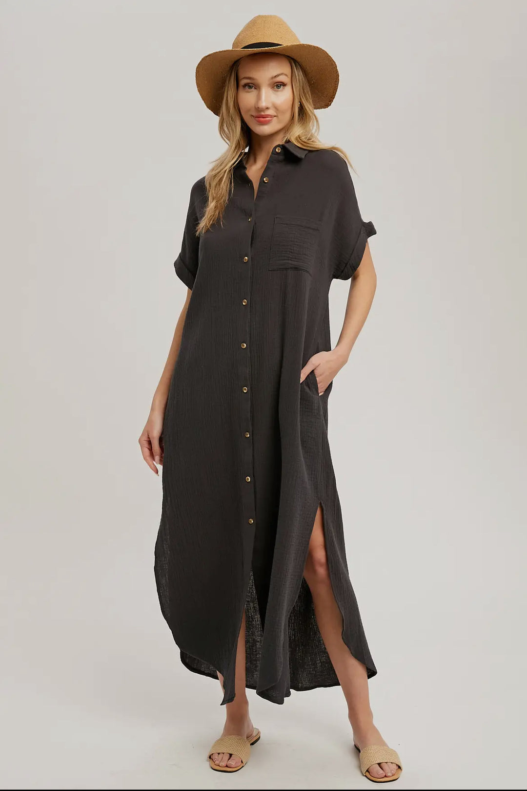 Gray Button Up Maxi Shirt Dress