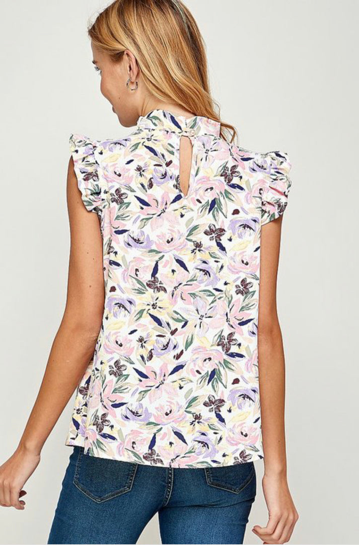 Pastel Floral Ruffle Neck & Sleeve Top