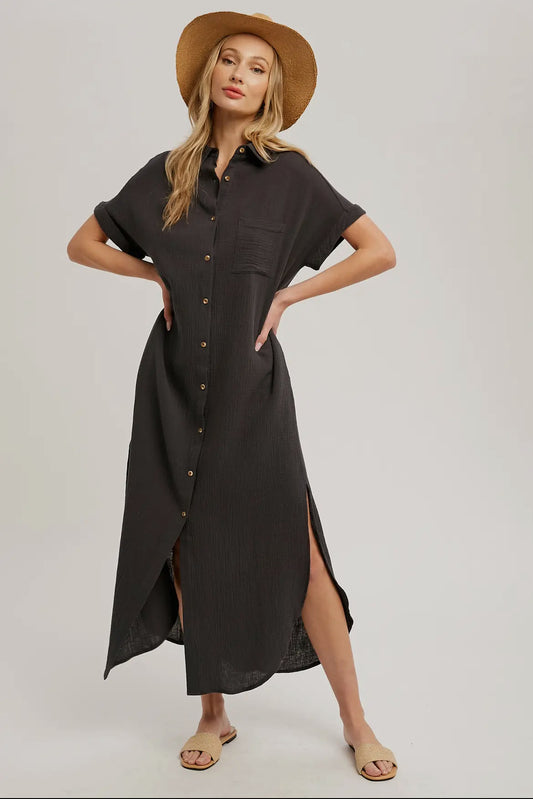 Gray Button Up Maxi Shirt Dress