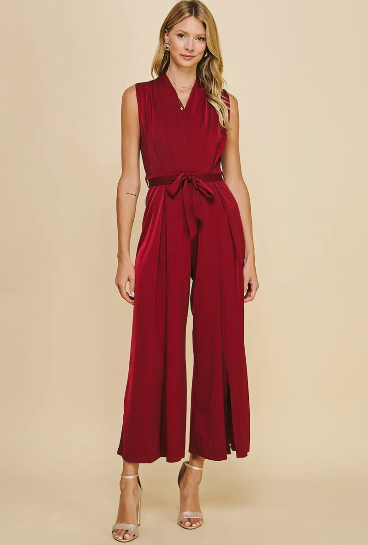 Wine Sleeveless Wide Leg Jumpsuit