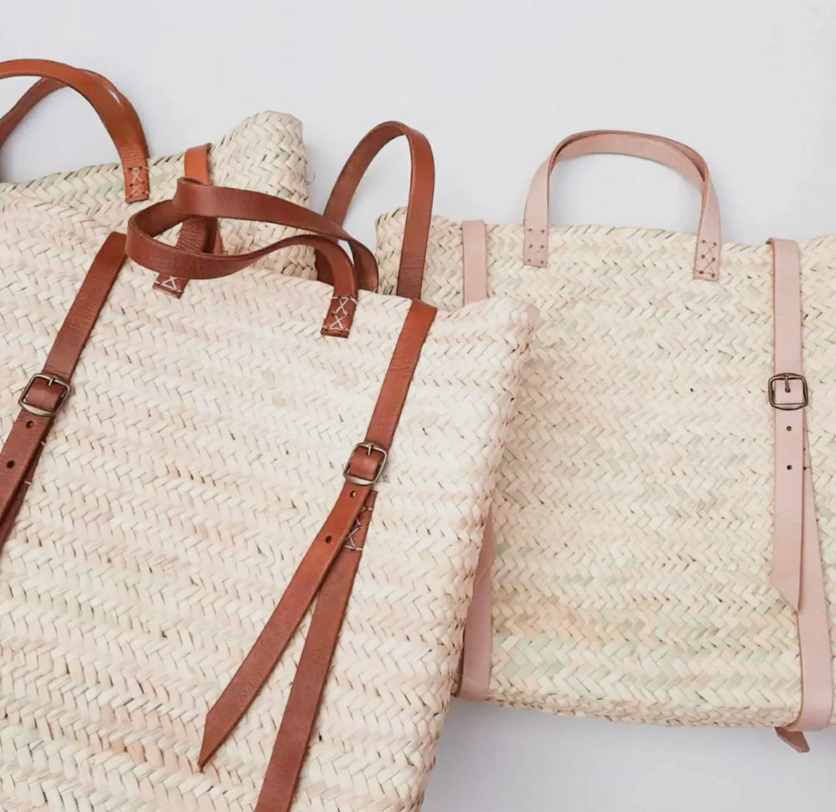 Handmade Farmers Market/Beach  Straw Backpack with Brown Leather Straps