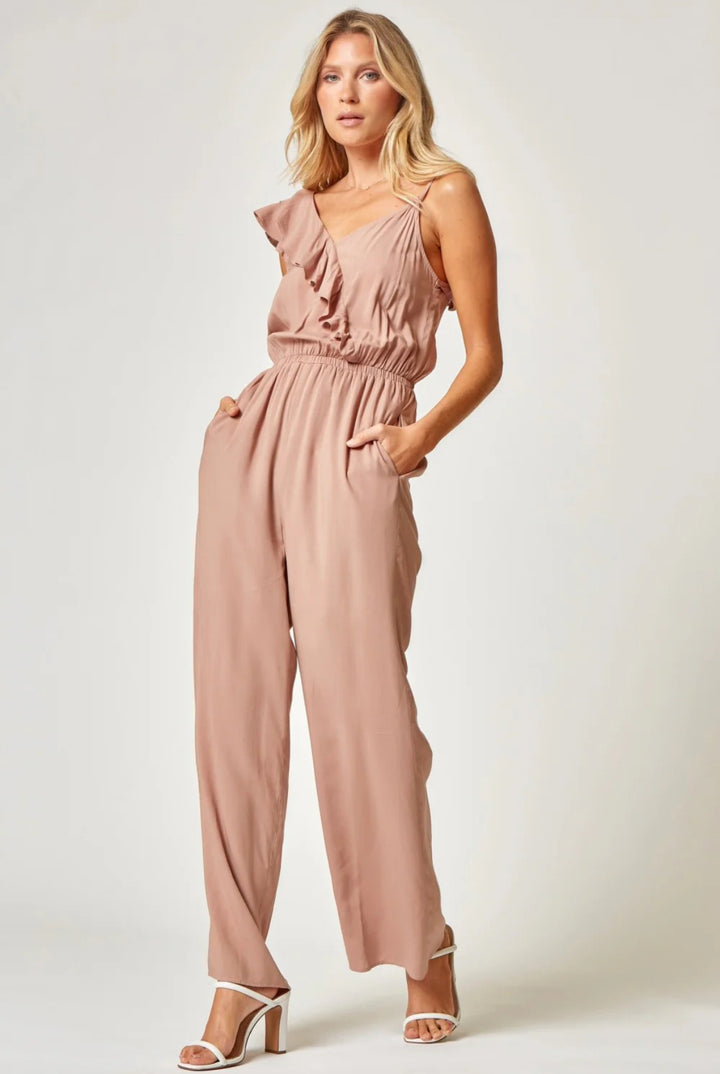 Mocha One Shoulder Ruffled Jumpsuit
