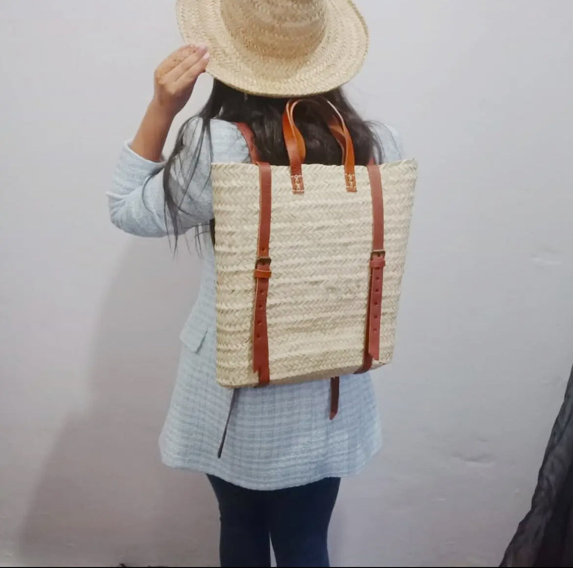 Handmade Farmers Market/Beach  Straw Backpack with Brown Leather Straps