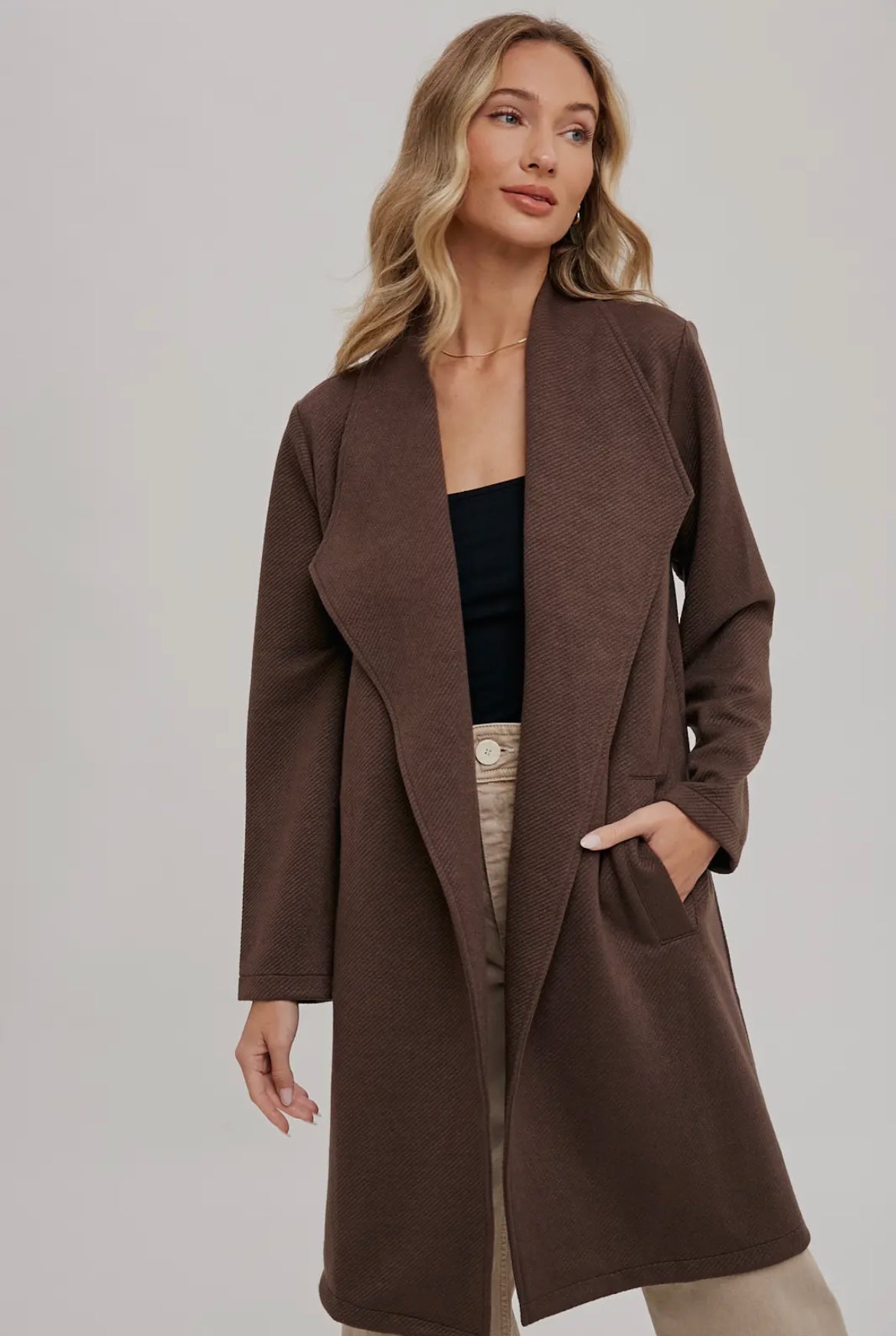 Espresso Draped Open Front Coat Jacket