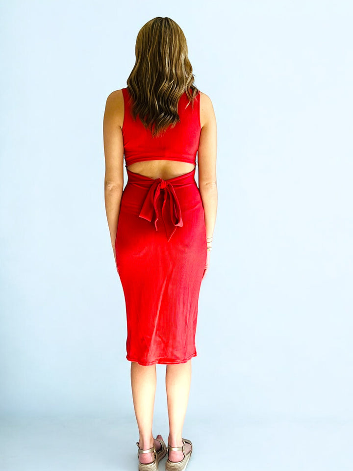 Brick Bow Tie Cut Out Midi Dress