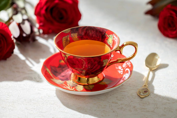 Gold & Red Stem Rose Bone China Tea Cup and Saucer