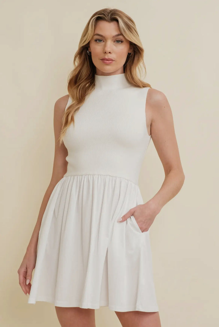 Cream & White High Neck Mini Dress with Pockets