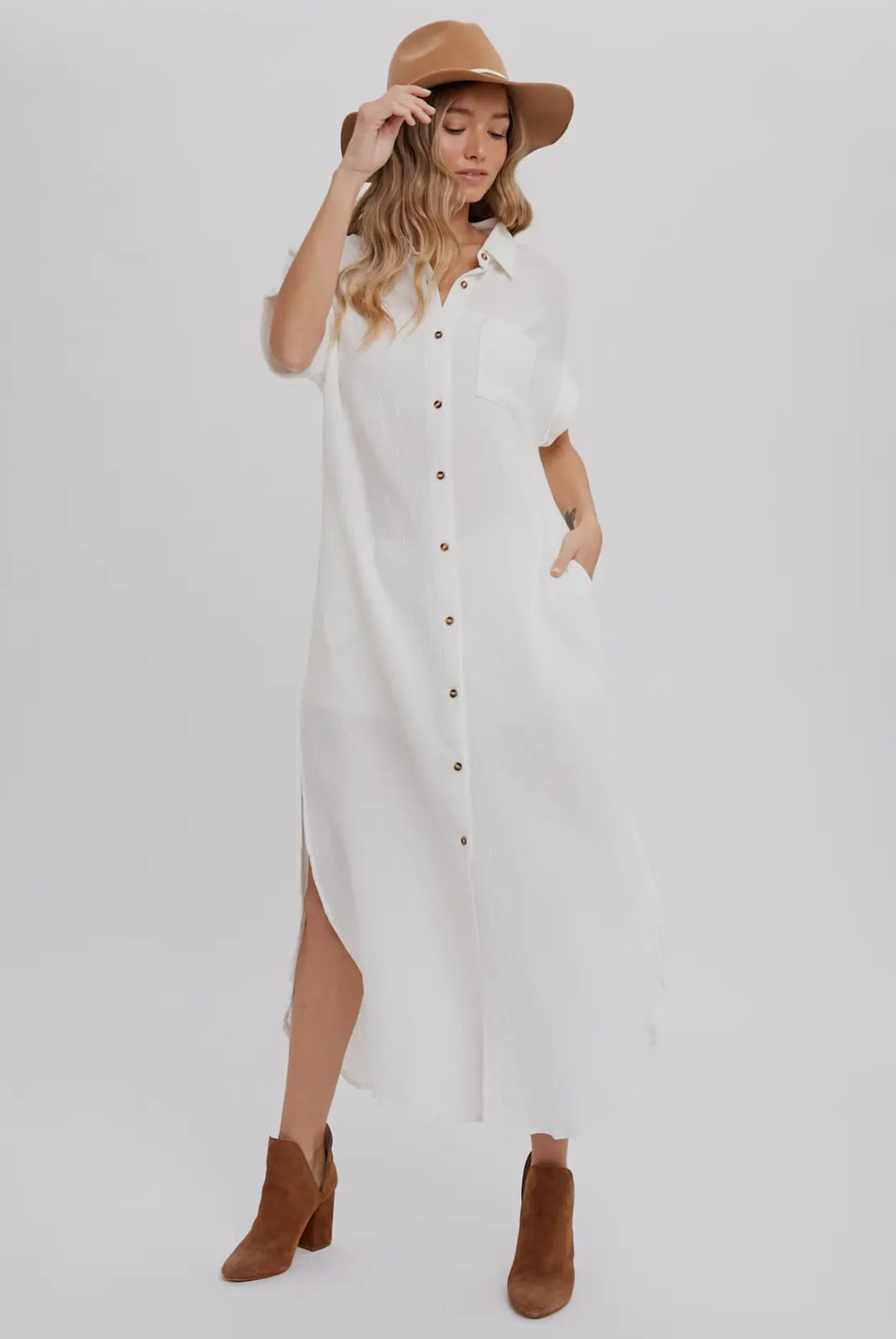 White Button Up Maxi Shirt Dress
