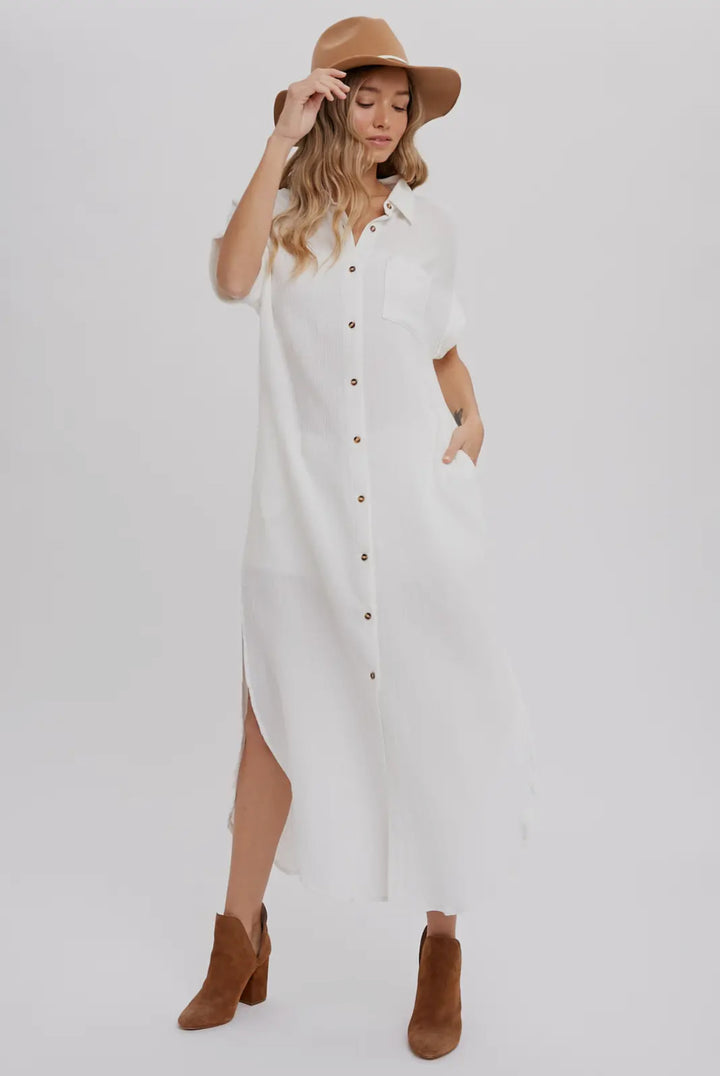 White Button Up Maxi Shirt Dress