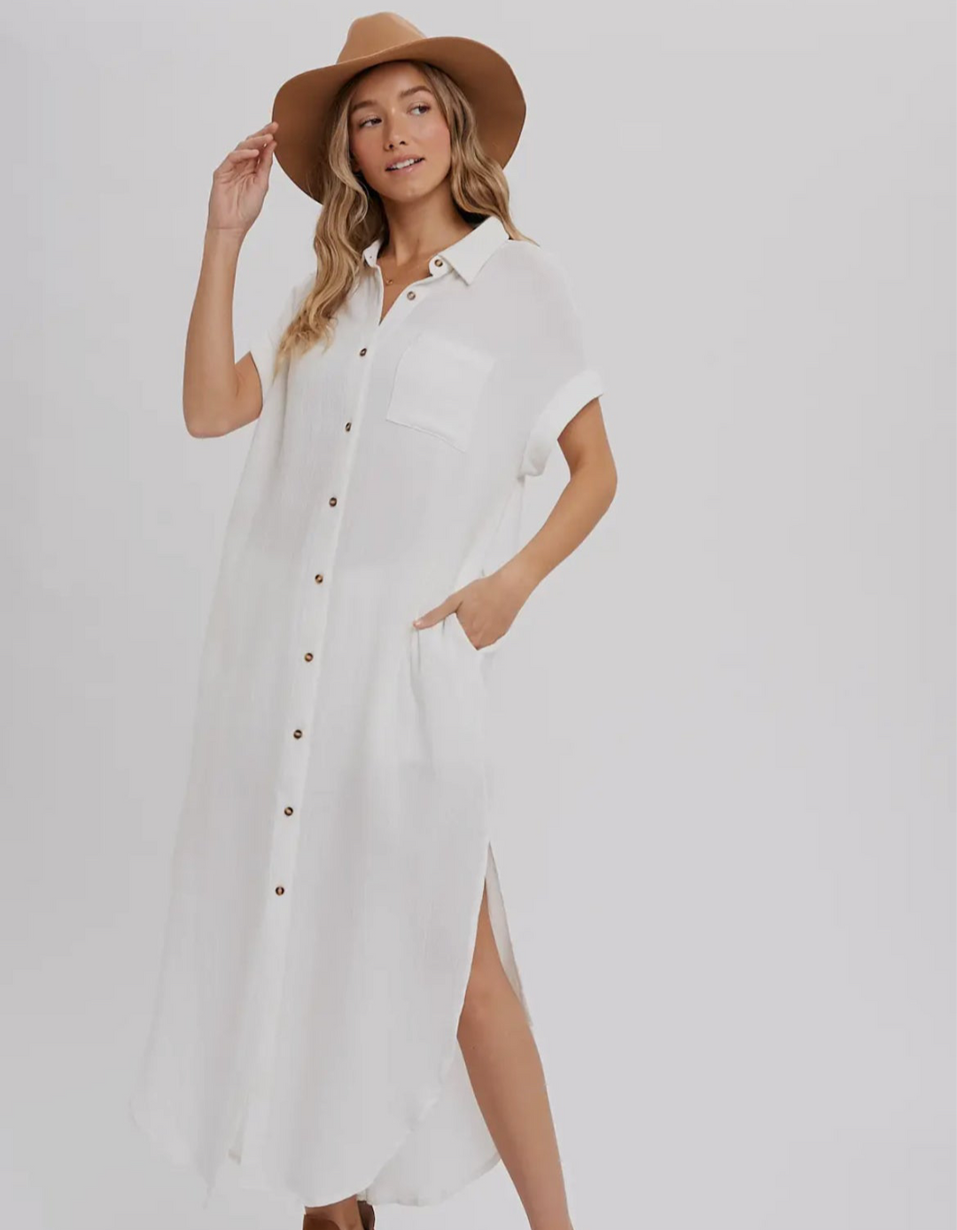 White Button Up Maxi Shirt Dress