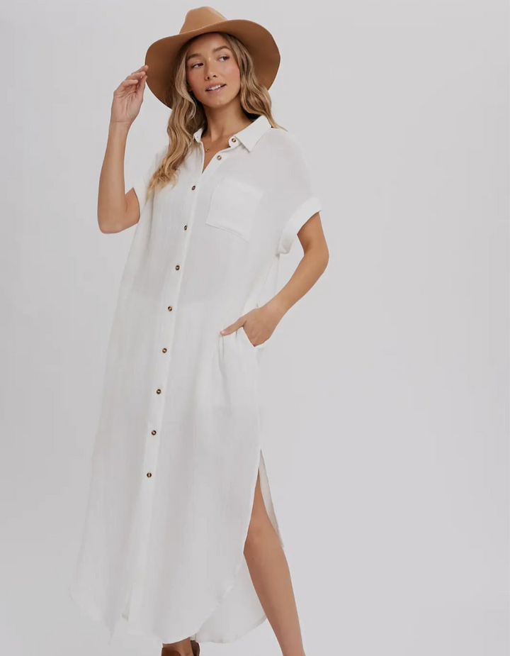 White Button Up Maxi Shirt Dress