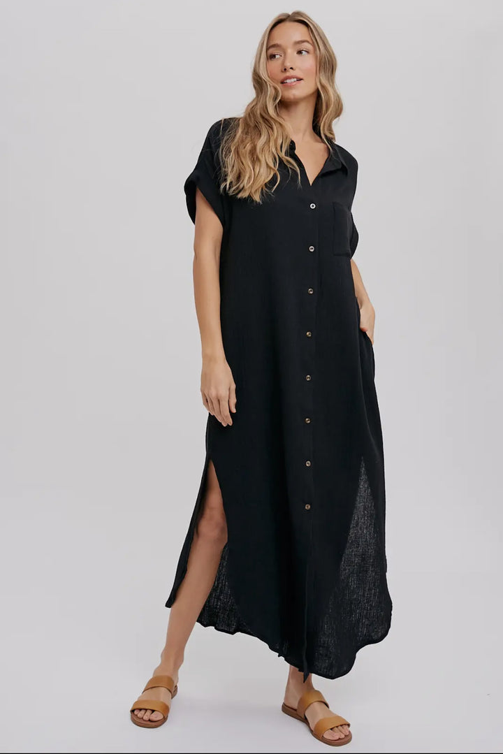 Black Button Up Maxi Shirt Dress
