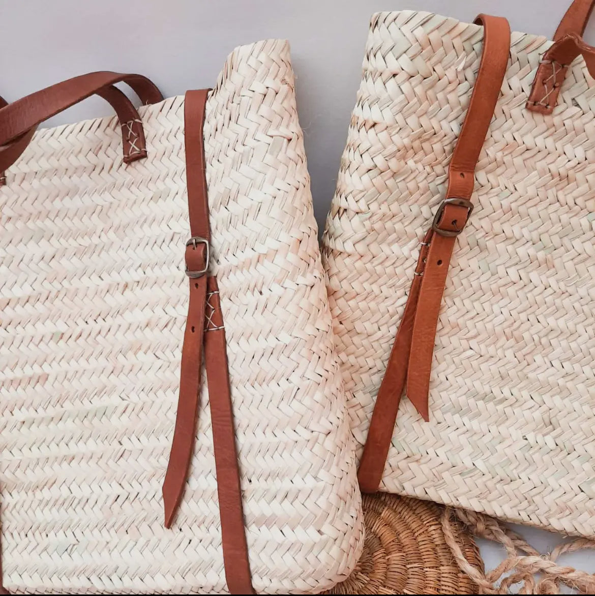 Handmade Farmers Market/Beach  Straw Backpack with Brown Leather Straps