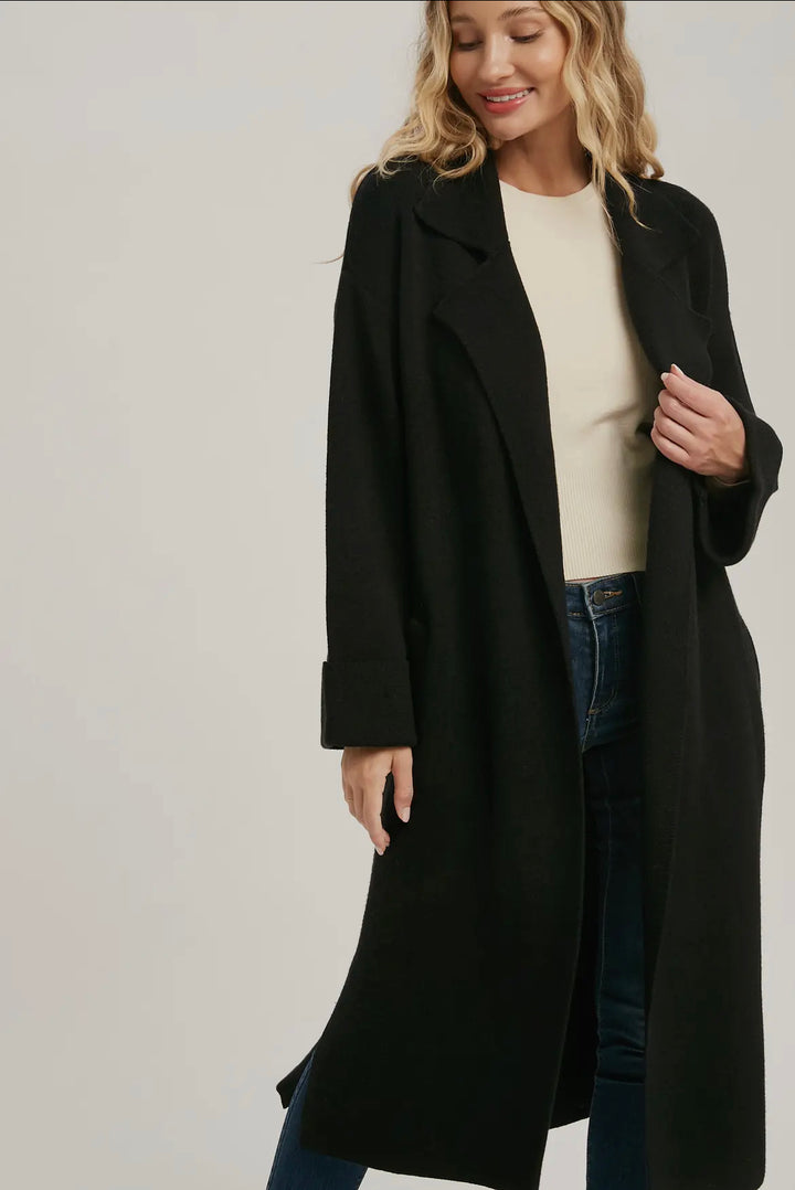 Lapel Collar Black Knitted Trench Coat