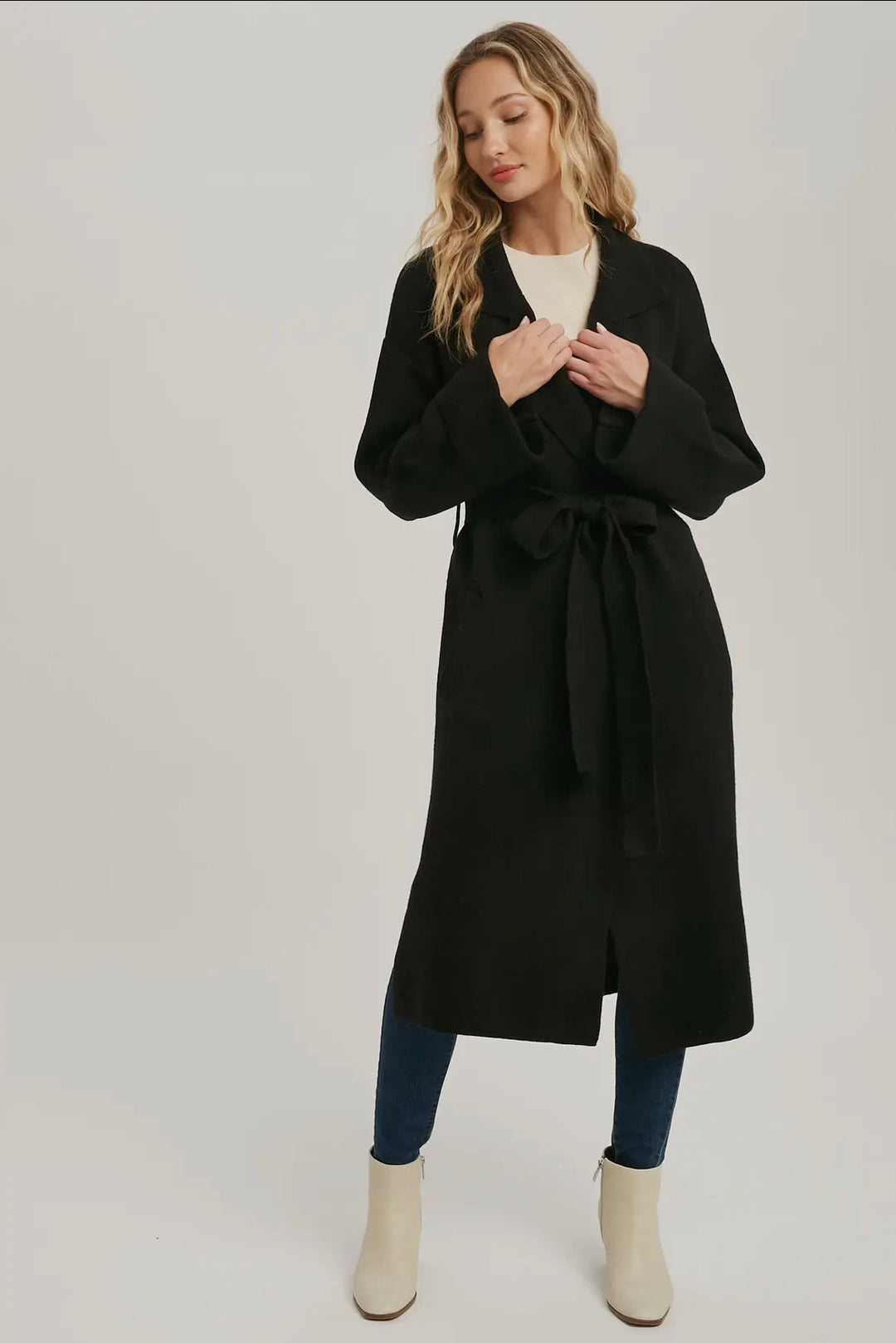 Lapel Collar Black Knitted Trench Coat