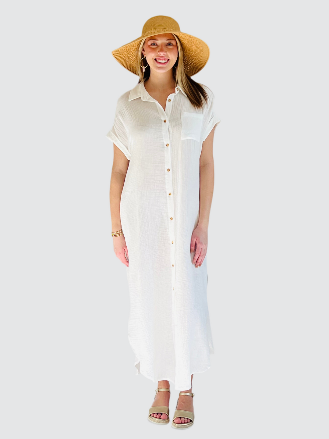 White Button Up Maxi Shirt Dress