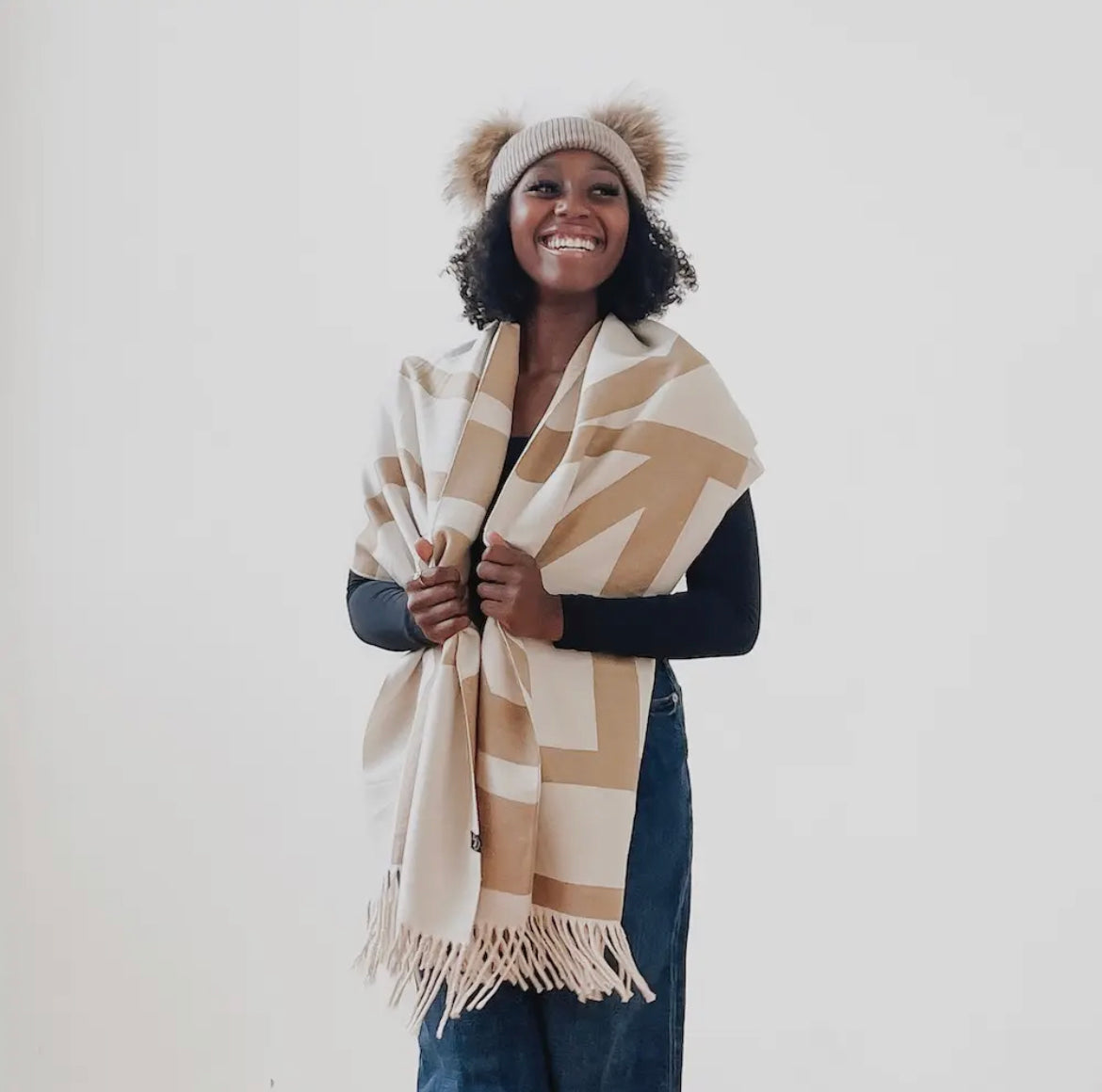 Camel/Cream Reversible Fringe Scarf