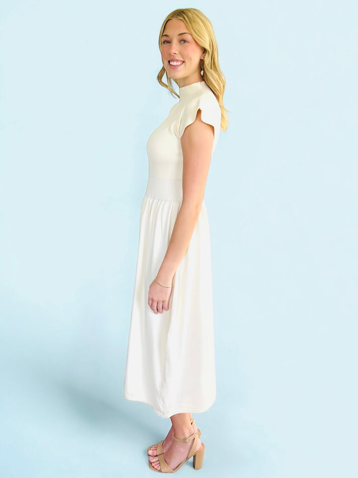 Cream High Neck Knit Midi Length Dress