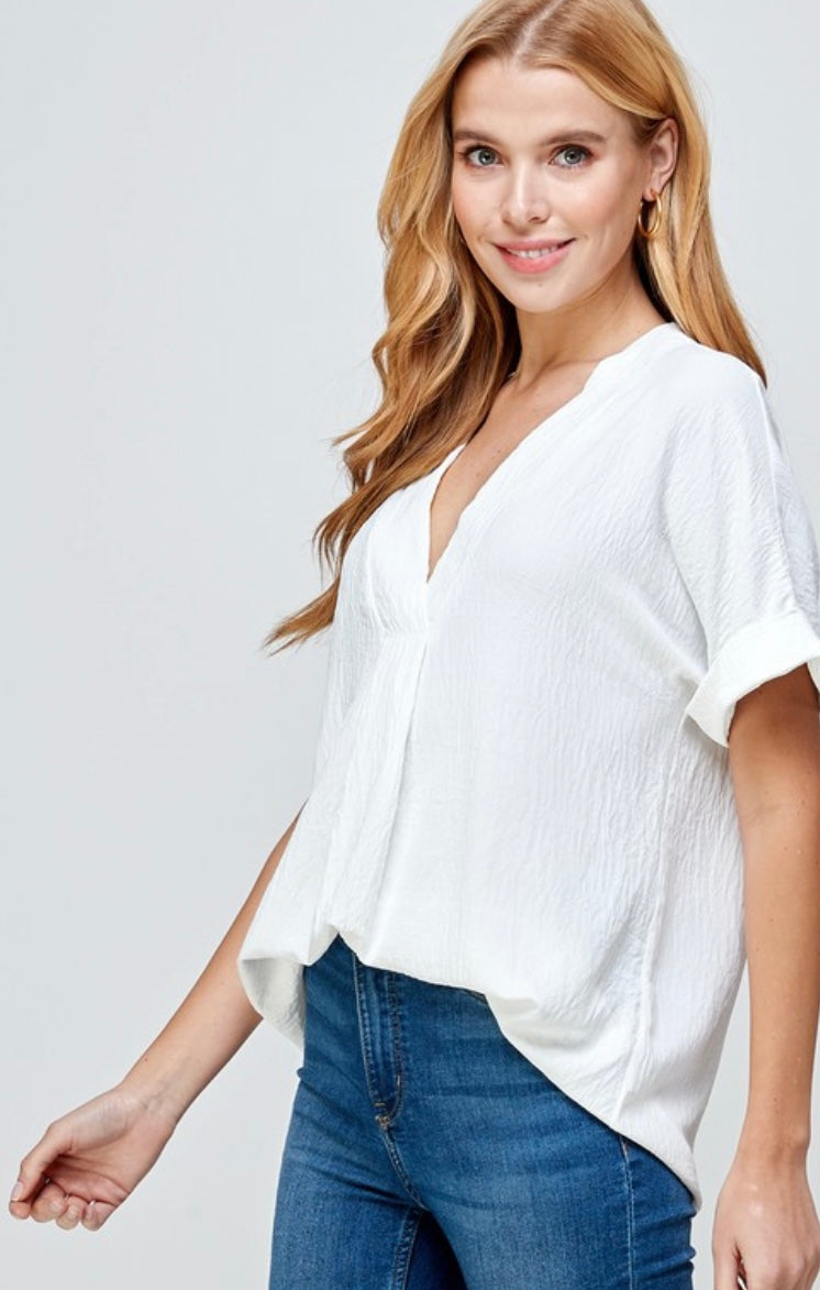 Ivory V-Neck Short Sleeve Top