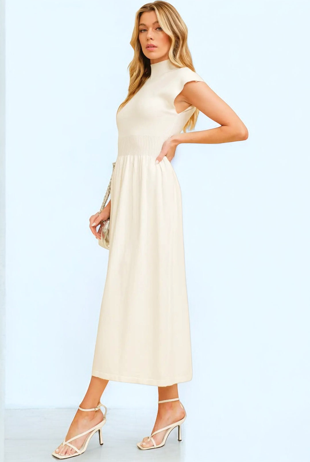 Cream High Neck Knit Midi Length Dress