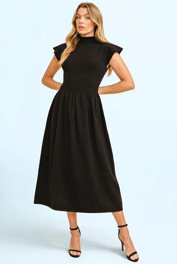 Black High Neck Knit Midi Length Dress
