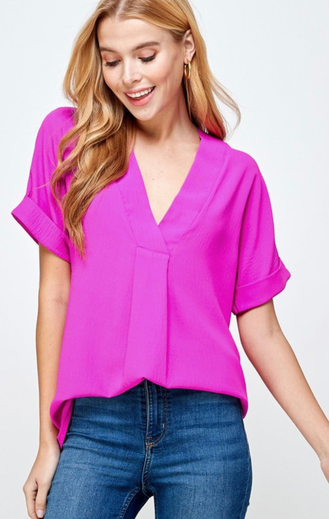 Hot Pink V-Neck Short Sleeve Top