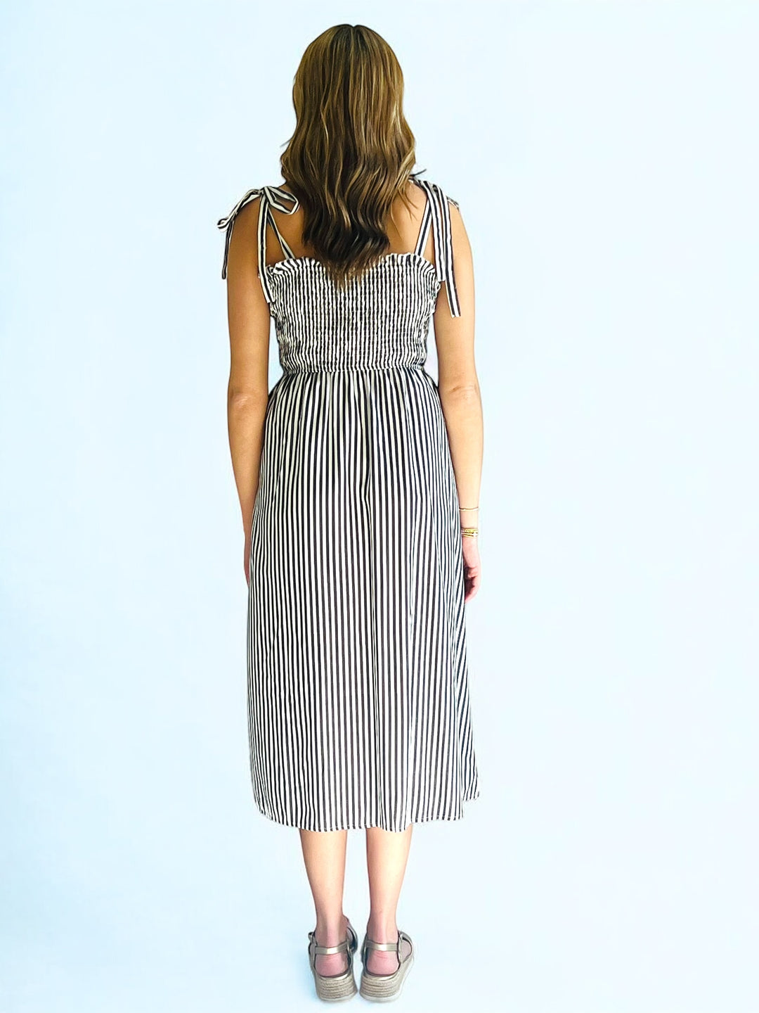 Black/White Striped Button Down Tie Strap Midi Dress