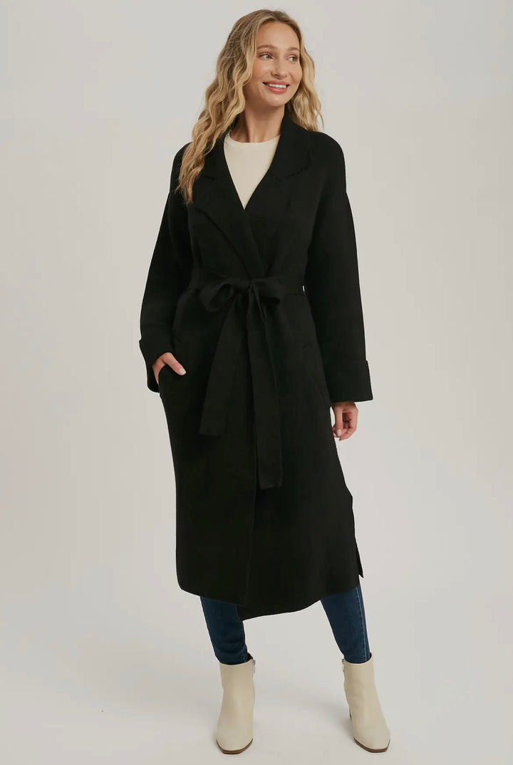 Lapel Collar Black Knitted Trench Coat