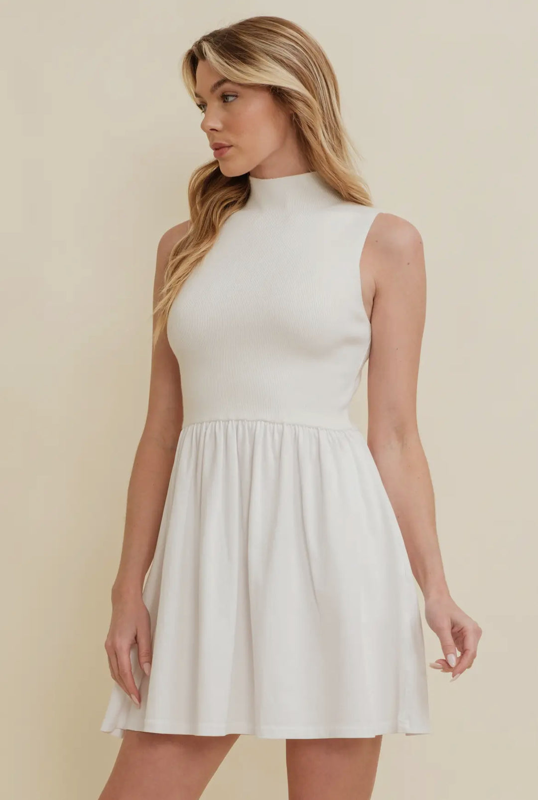 Cream & White High Neck Mini Dress with Pockets
