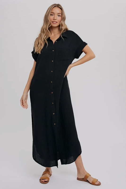 Black Button Up Maxi Shirt Dress