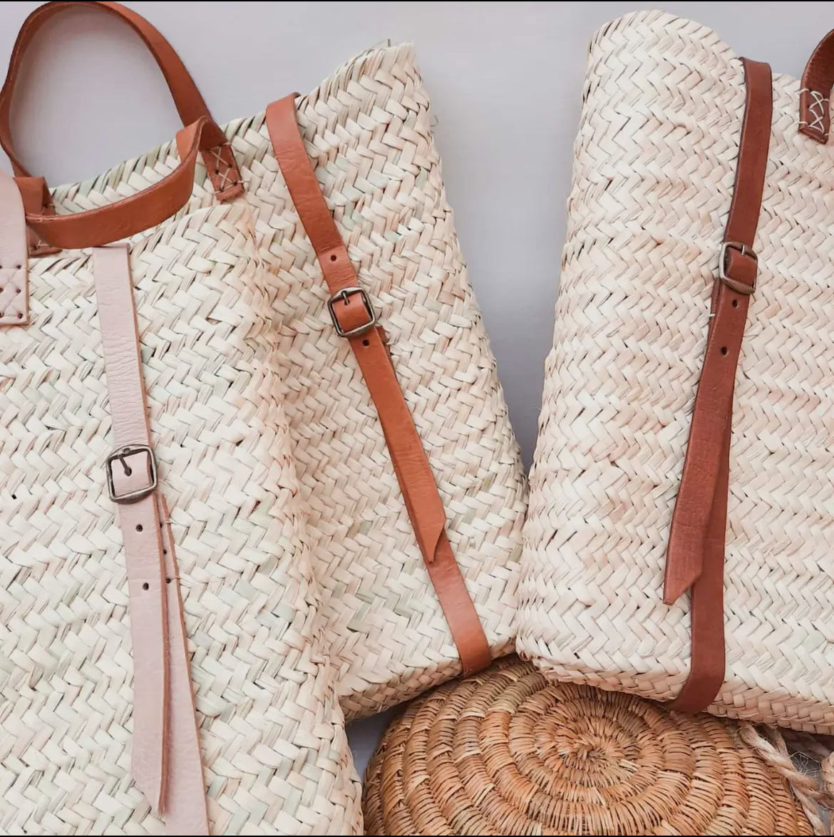 Handmade Farmers Market/Beach  Straw Backpack with Brown Leather Straps