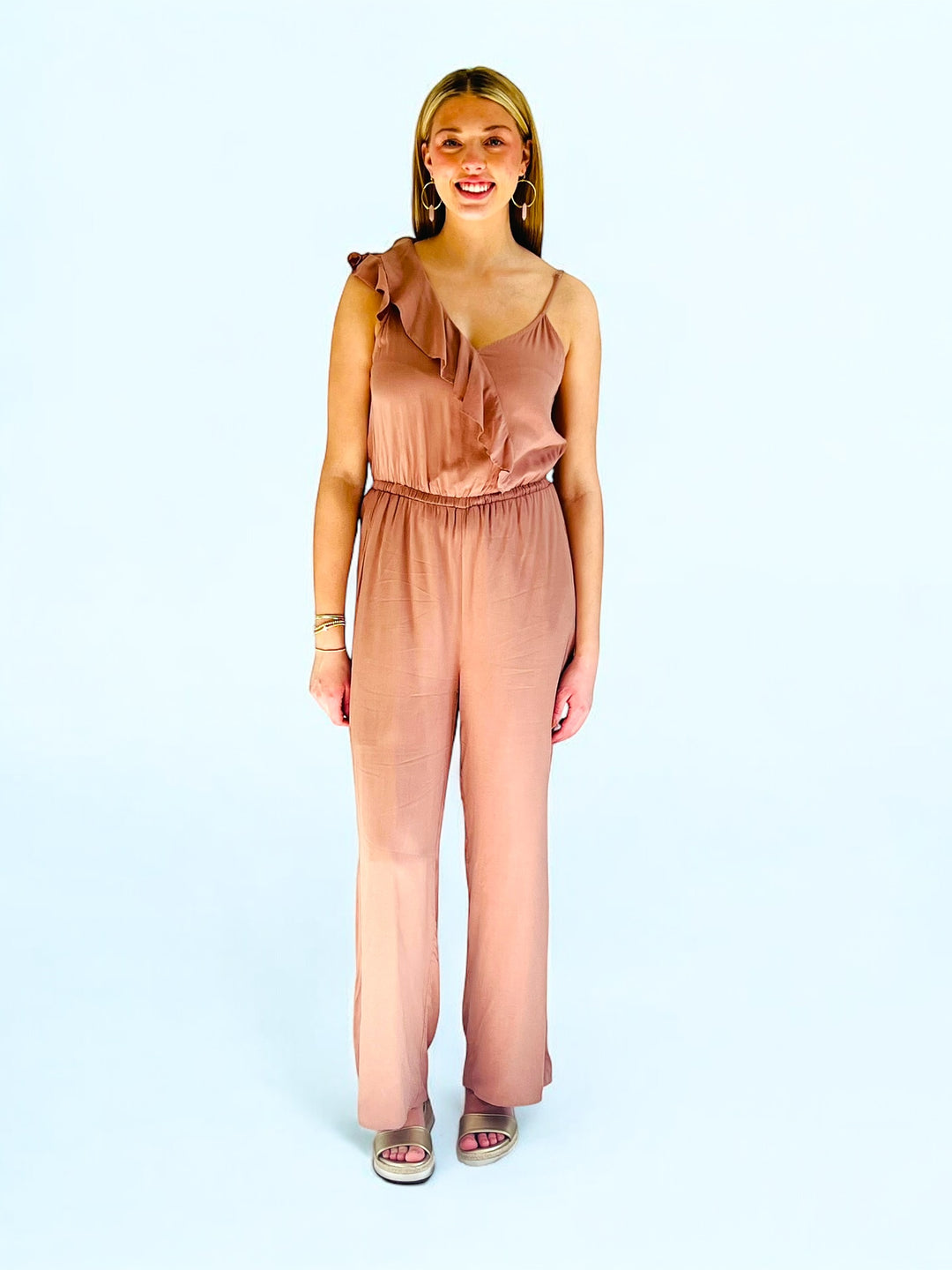 Mocha One Shoulder Ruffled Jumpsuit