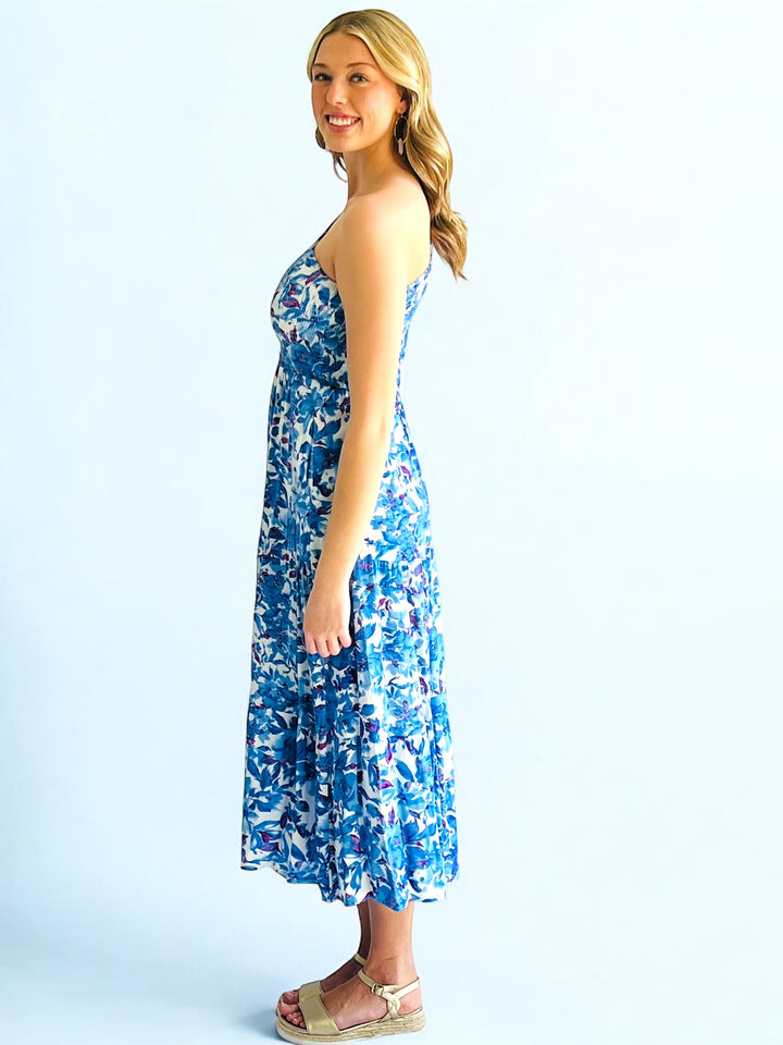 Blue Floral One Shoulder Midi Dress